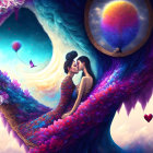 Colorful embrace with flowers, butterflies, and balloon in surreal scene