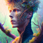 Surreal face illustration with tree-like textures and clock eyes on vibrant blue and gold palette