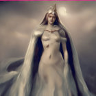 Regal figure in crown against stormy skies with lightning bolts