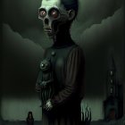 Sinister dark artwork: skeletal figure with glowing red eyes, strange creature, stormy clouds, fore