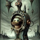 Surreal Artwork: Hybrid Building-Creature with Multiple Eyes, Timepieces, Skull, and