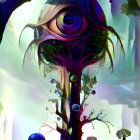 Surreal artwork: Tree with giant eye canopy in mystical landscape