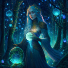 Ethereal figure with radiant skin in mystical forest holding orbs