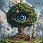 Fantastical tree with large eyes and patterned growths in blue forest landscape