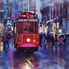 Winter cityscape painting: red tram on snowy tracks with bustling people and illuminated trees