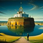 Surreal landscape with floating castle, clock, mirrored water, golden desert