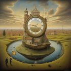 Surreal painting: Clock tower, floating clocks, reflective water & dreamlike landscape