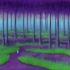 Mystical forest with purple hues, luminous plants, and floating spheres at night