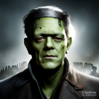 Detailed Frankenstein-like character digital artwork under moody sky