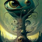 Surreal artwork: Eyes-shaped trees in eerie green landscape