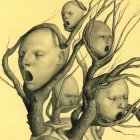 Surreal sepia-toned artwork: three distorted faces with exaggerated expressions intertwined with hair-like wis