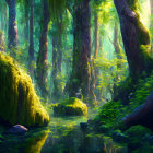 Serene forest scene with sunlight, stream, and vibrant plant life