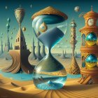 Surreal artwork featuring man, melting clock, sand dunes, hourglass, cloudy sky,