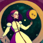 Pensive girl in Victorian dress with moon balloon in cosmic setting