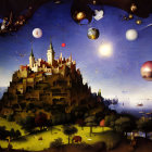 Fantastical floating island with castles in surreal space scene