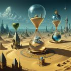 Fantasy landscape with surreal elements: hourglasses, castles, moons