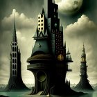 Surreal landscape with floating towers and monstrous faces