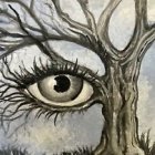 Surreal painting of tree with human-like eye in moody landscape