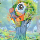 Surreal image of tree with eye crown in whimsical landscape