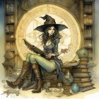 Illustrated witch with pointed hat and wand in mystical setting