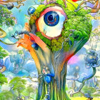 Surreal artwork: tree with giant eye, entwined figures, snails, whimsical