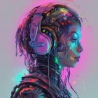 Colorful digital artwork: Woman with neon hair and futuristic headphones, cybernetic details & dynamic lighting