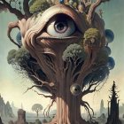 Surreal Tree Artwork with Large Eye and Whimsical Landscape