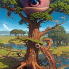 Surreal tree illustration with large eye in vibrant forest