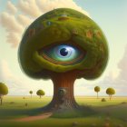 Surreal image of tree with human eye, lush greenery & clear sky