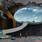 Surreal landscape featuring snail shell structure, figures, house, tree, and cave-like border