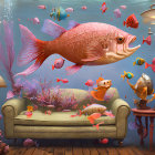 Colorful surreal painting of man fishing surrounded by oversized fish