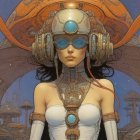 Futuristic female figure with mechanical headdress in sci-fi cityscape