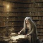 Ethereal woman reading in candlelit library