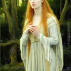 Red-haired woman in white gown and golden headpiece in enchanted forest