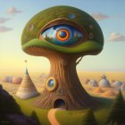 Surreal illustration: tree with human eye canopy in fantastical forest