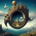 Fantasy landscape with circular structure, castles, fish creatures, floating islands.