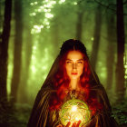 Mystical woman with crown and lanterns in enchanted forest