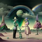 Elderly couple in surreal landscape with whimsical elements