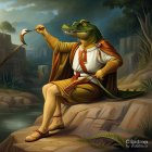 Elegant anthropomorphic alligator with monocle by serene river