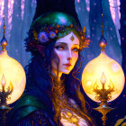 Ethereal woman in gold-trimmed attire in enchanted forest