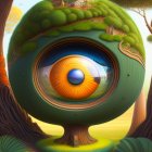 Colorful forest illustration with central eye and organic shapes