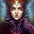 Fantasy portrait with golden eyes, purple florals, and exotic plants