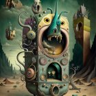 Surreal steampunk illustration of man's face in complex machine