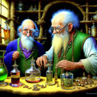 Elderly alchemists in colorful workshop with potions and glassware