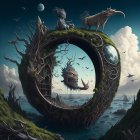 Fantasy landscape with spiraling tree circle, towers, staircases, glowing orbs, starry twilight