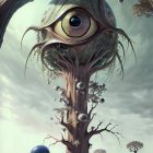 Fantastical tree with embedded eye, floating orbs, and surreal landscape.