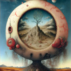 Surreal Landscape Featuring Torus-Shaped World, Mountain, Creatures, and Organic Motifs