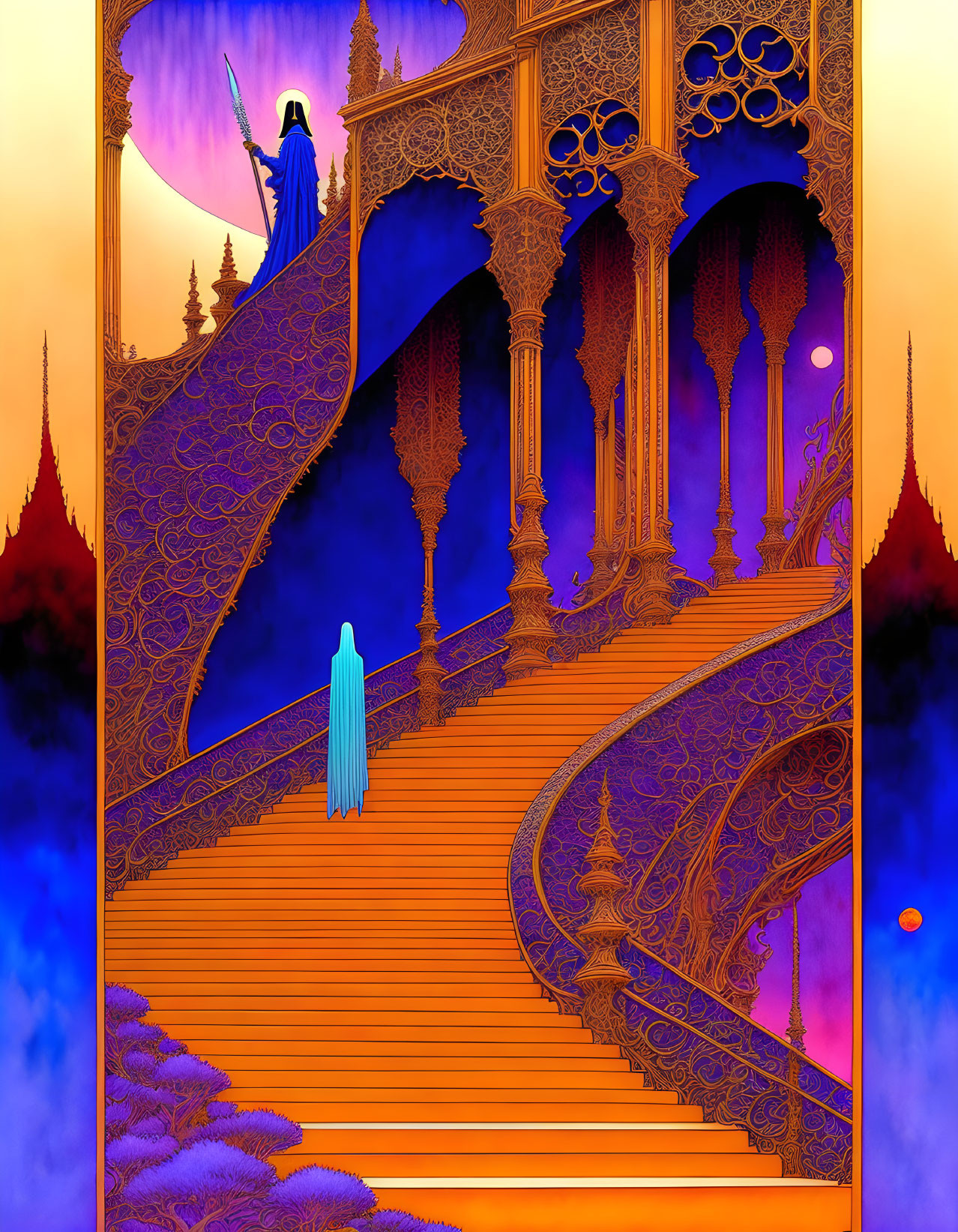 Vibrant digital artwork: Two robed figures on golden staircases, purple and orange hues,