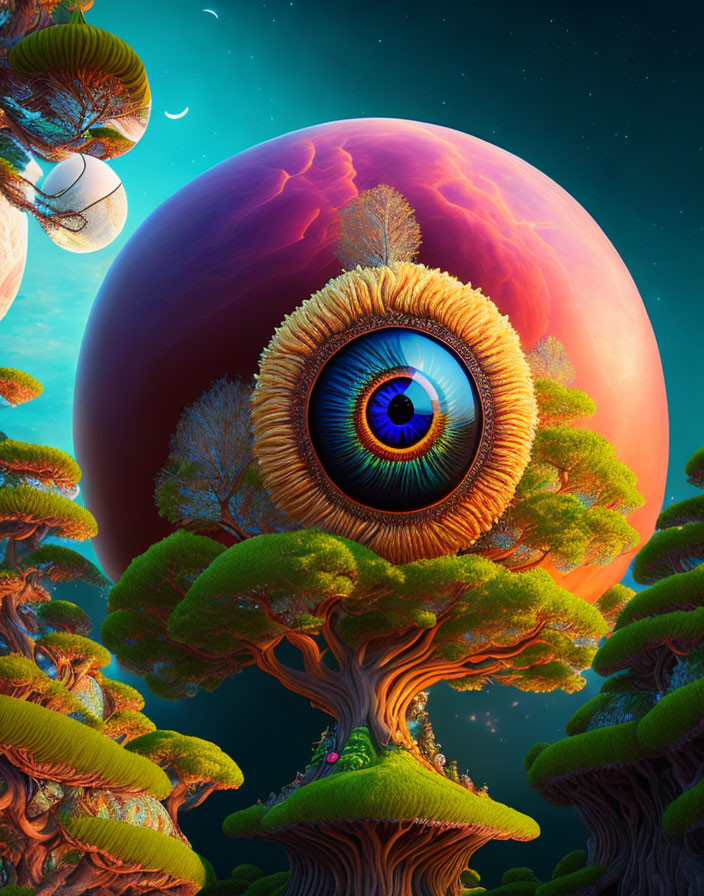 Vibrant Trees and Enormous Eye in Surreal Landscape