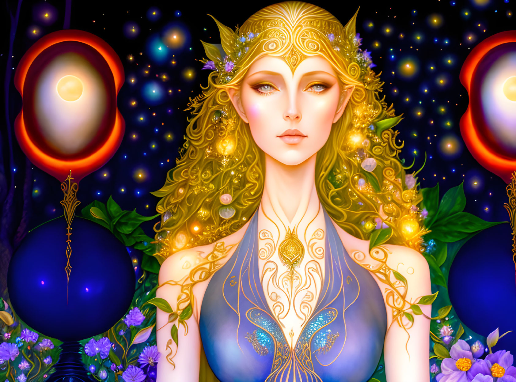 Ethereal female figure with golden tattoos in cosmic setting